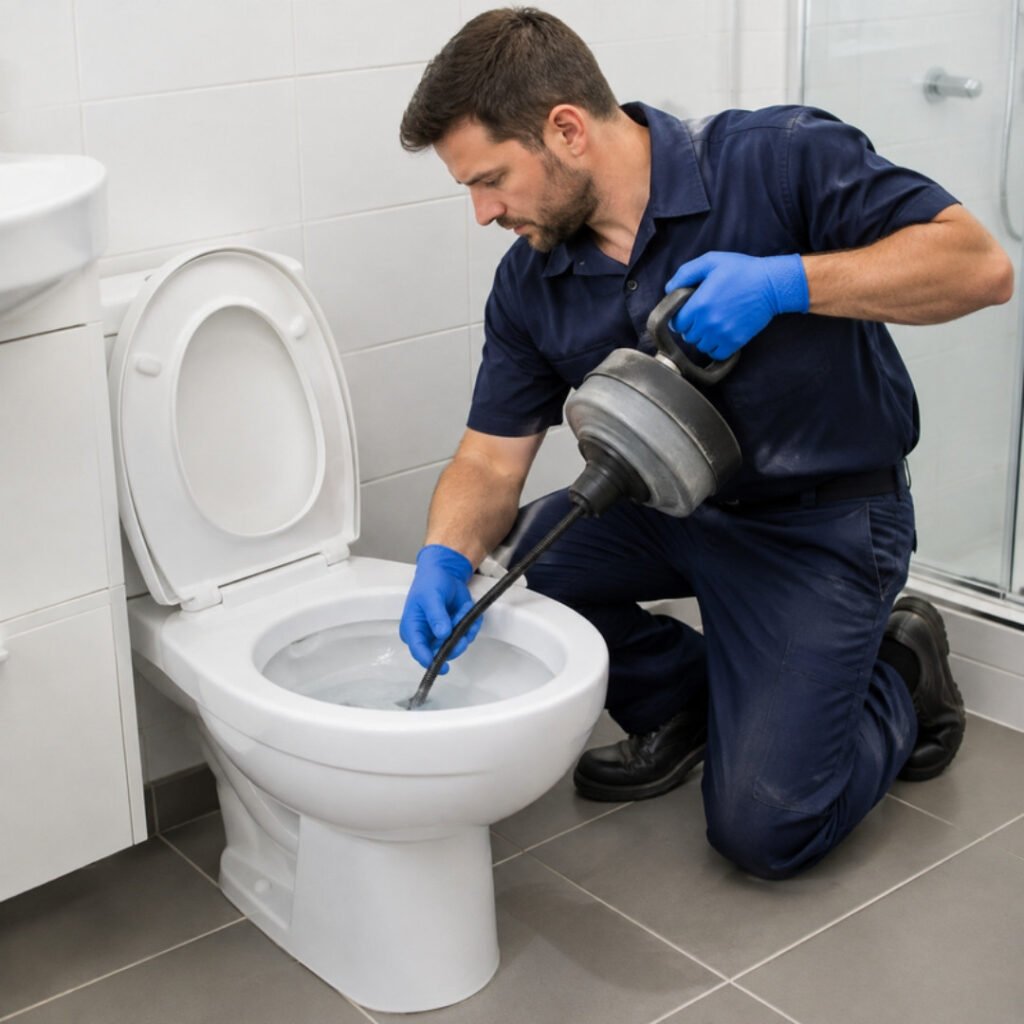 Técnico da desentupidora de vaso usando cabo rotativo em vaso sanitário