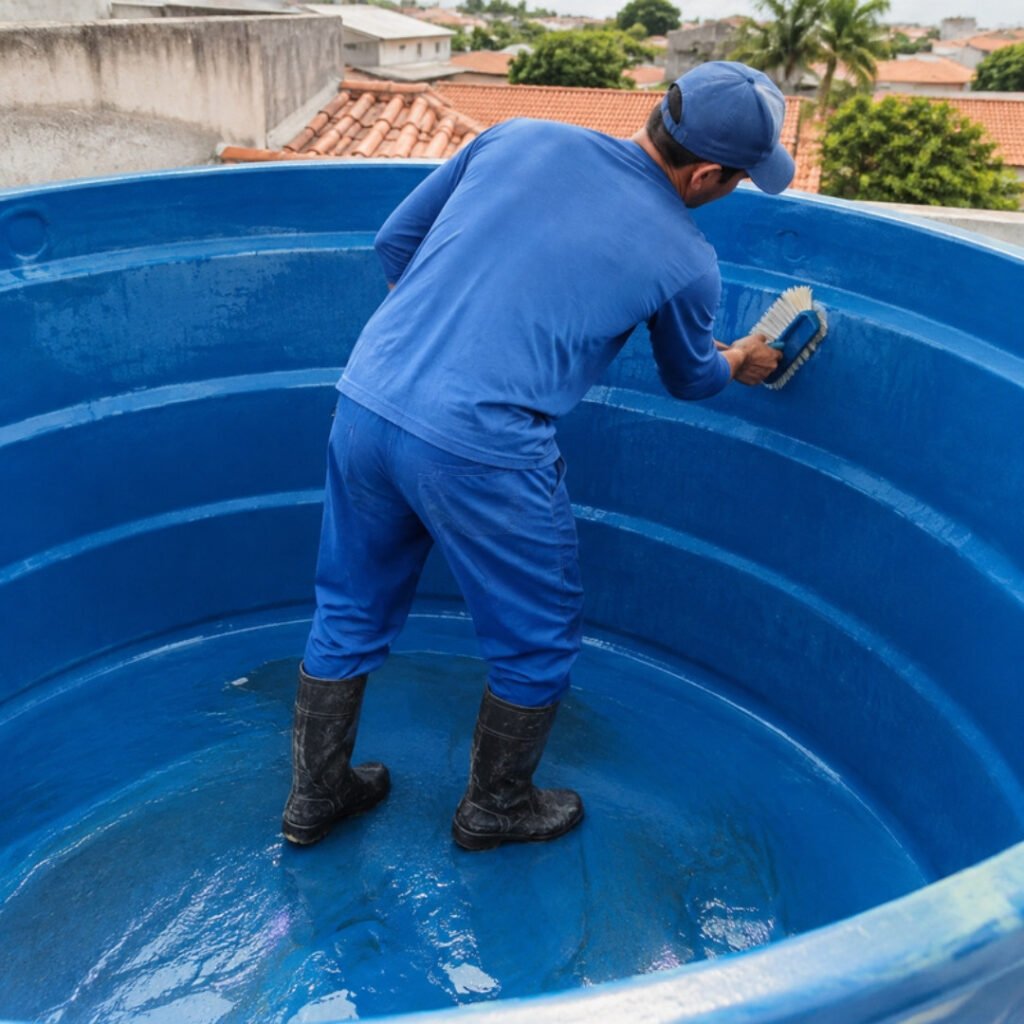 Técnico fazendo limpeza de caixa d'água de 1.000 litros em Montes Claros
