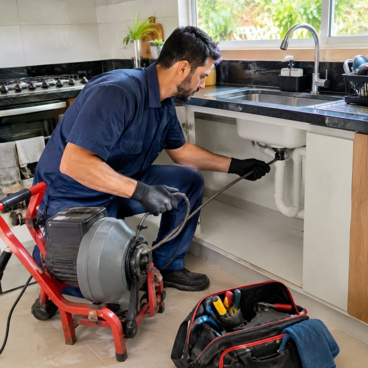 Técnico da desentupidora usando máquina em pia entupida de cozinha em Montes Claros